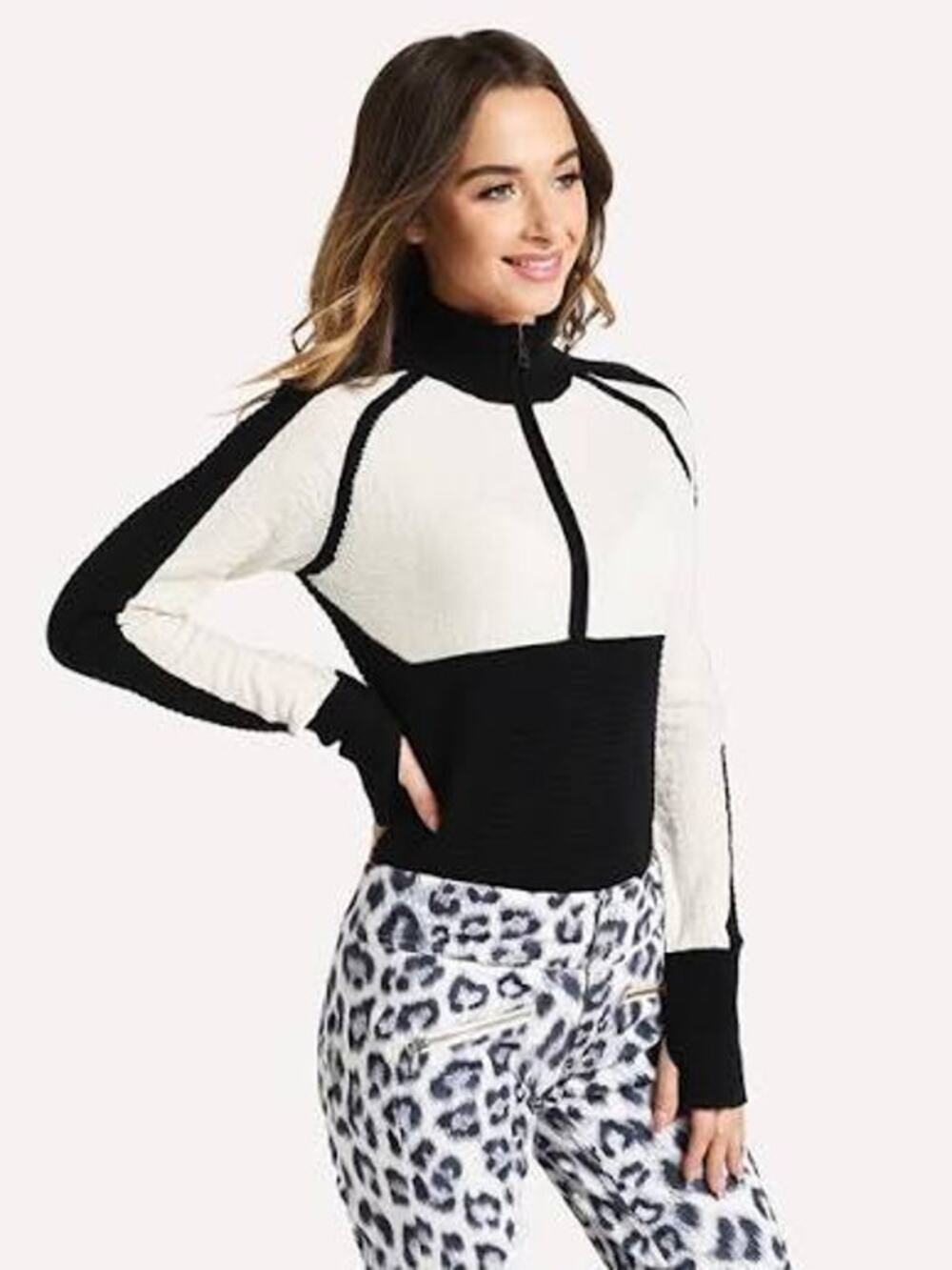 OBERMEYER Dolly Half Zip Sweater Wool Cashmere COZY Medium M Top Black Ivory